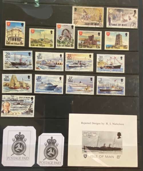 ISLE of MAN Selection of Stamps SHIPS MOTOR BIKES REJECTED DESIGNS CARD I.R. NICHOLSON Read notes...