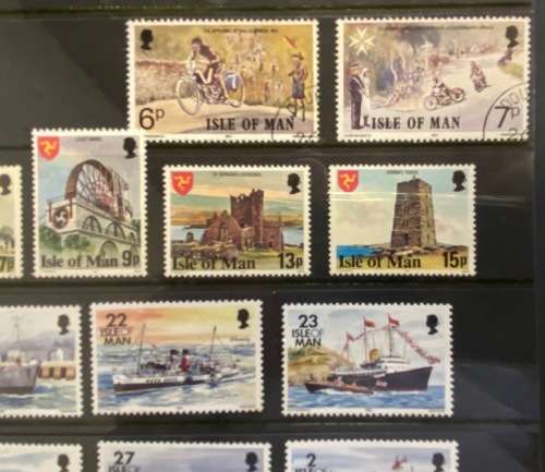 ISLE of MAN Selection of Stamps SHIPS MOTOR BIKES REJECTED DESIGNS CARD I.R. NICHOLSON Read notes...