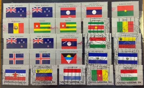UNITED NATIONS 89 STAMPS all USED 1980 FLAG countries SERIES OTHERS MIXED BLOCKS of 4 NICE SELECTION