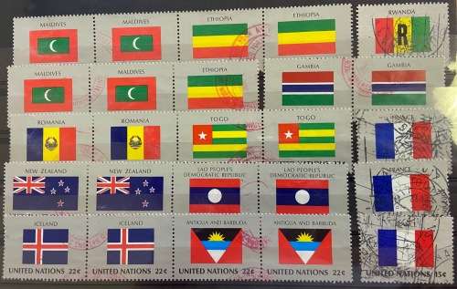UNITED NATIONS 89 STAMPS all USED 1980 FLAG countries SERIES OTHERS MIXED BLOCKS of 4 NICE SELECTION