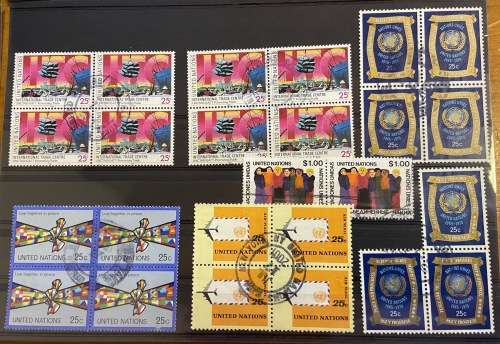 UNITED NATIONS 89 STAMPS all USED 1980 FLAG countries SERIES OTHERS MIXED BLOCKS of 4 NICE SELECTION