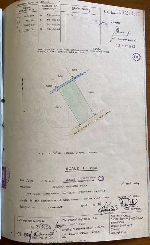 1984 DEED OF TRANSFER GREYTOWN NATAL NEL + STEVENS REVENUE STAMPS R2 + 50 cents UMVOTI GENERAL PLAN.