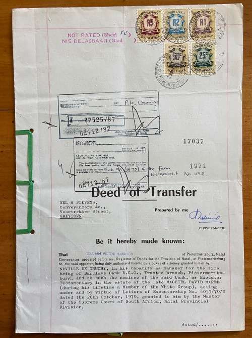 1971 DEED OF TRANSFER GREYTOWN NATAL NEL + STEVENS REVENUE STAMPS R5 + R2 + R1 + 50 + 20 c WEENEN.