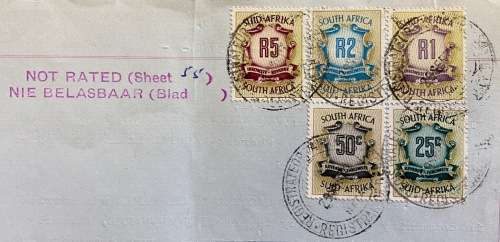1971 DEED OF TRANSFER GREYTOWN NATAL NEL + STEVENS REVENUE STAMPS R5 + R2 + R1 + 50 + 20 c WEENEN.