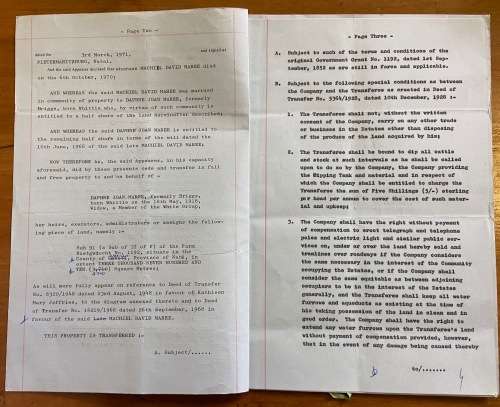 1971 DEED OF TRANSFER GREYTOWN NATAL NEL + STEVENS REVENUE STAMPS R5 + R2 + R1 + 50 + 20 c WEENEN.