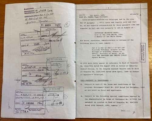 1974 DEED OF TRANSFER GREYTOWN NATAL NEL + STEVENS REVENUE STAMPS R113.75.