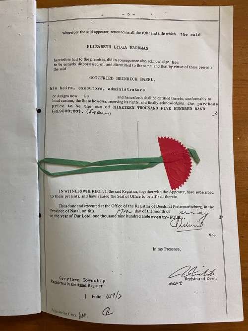 1974 DEED OF TRANSFER GREYTOWN NATAL NEL + STEVENS REVENUE STAMPS R113.75.