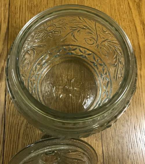 GINGER / BISCUIT / COOKIES JAR GLASS MOULDED ROUND LARGE MODERN GREAT CONDITION STUNNING!!