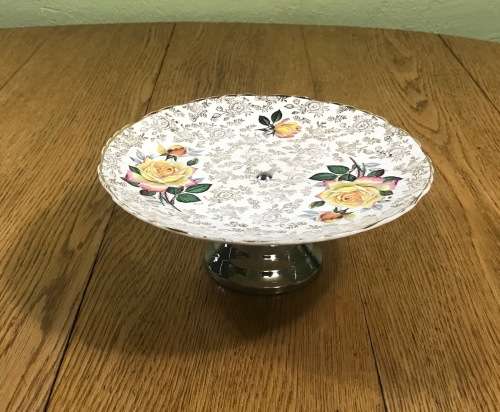 JAMES KENT=OLD FOLEY=PORCELAIN TOP TAZZA=6532=CHINARITA PATTERN=METAL FOOT=ROSES=ENGLAND=CAKE PLATE