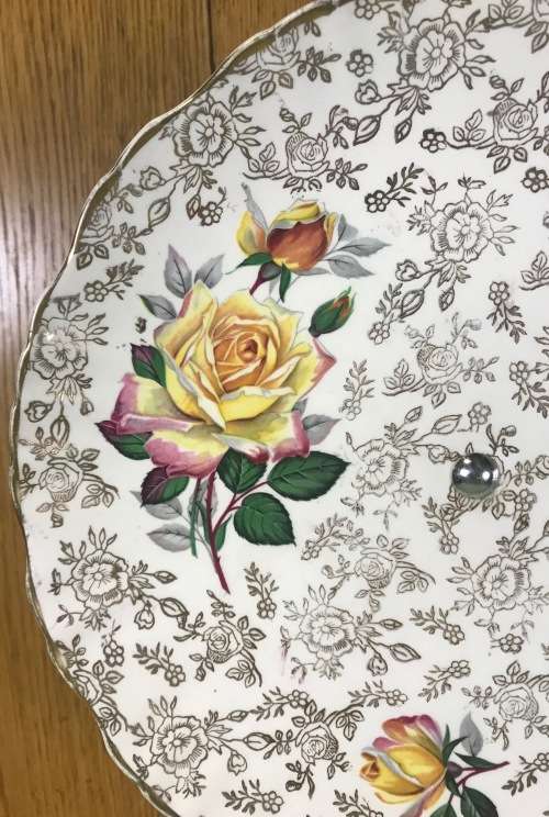 JAMES KENT=OLD FOLEY=PORCELAIN TOP TAZZA=6532=CHINARITA PATTERN=METAL FOOT=ROSES=ENGLAND=CAKE PLATE