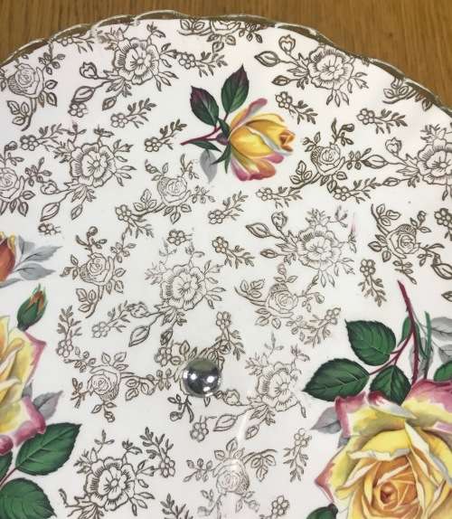 JAMES KENT=OLD FOLEY=PORCELAIN TOP TAZZA=6532=CHINARITA PATTERN=METAL FOOT=ROSES=ENGLAND=CAKE PLATE