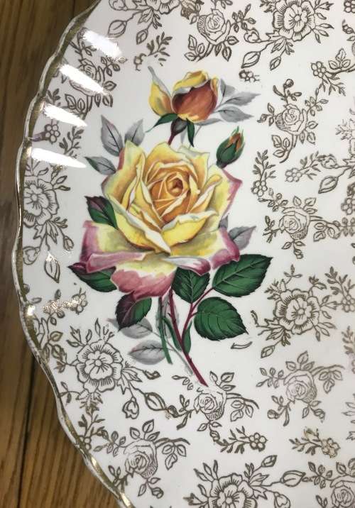 JAMES KENT=OLD FOLEY=PORCELAIN TOP TAZZA=6532=CHINARITA PATTERN=METAL FOOT=ROSES=ENGLAND=CAKE PLATE