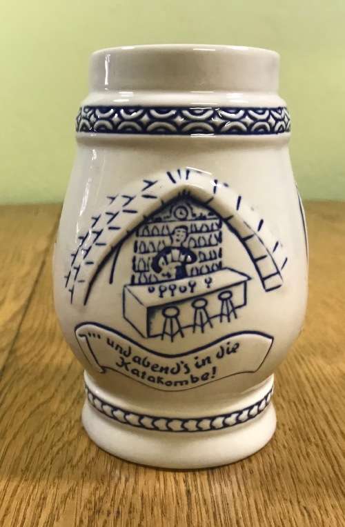 MUG POTTERY TEA COFFEE GESTOHLEN KATAKOMBE RIO DE JANEIRO BRAZIL PAO DE ACUCAR SOUVENIR BLUE + WHITE