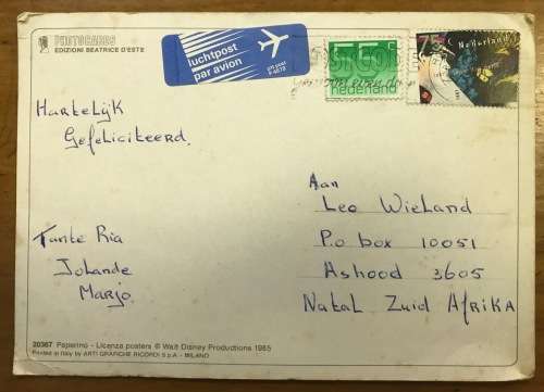 POSTCARD NETHERLANDS AIRMAIL POSTED to SOUTH AFRICA DONALD DUCK WALT DISNEY PRODUCTION 1985 FOOTBALL