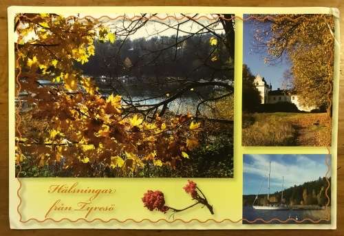 POSTCARD SWEDEN TYRESO LAKES SAILING BOAT HOUSE BUILDING FULL COLOUR.