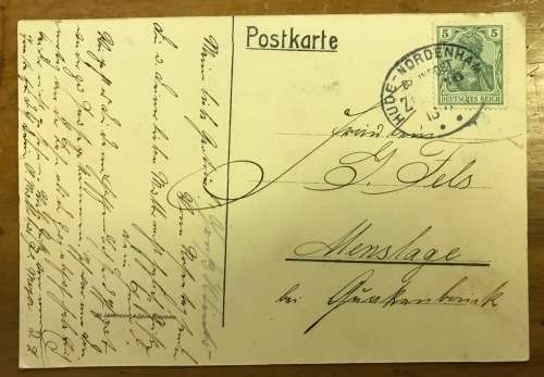 POSTCARD POST CARD GERMANY HUDE-NORDENHAM to MENSLAGE 1911 INVITATION.