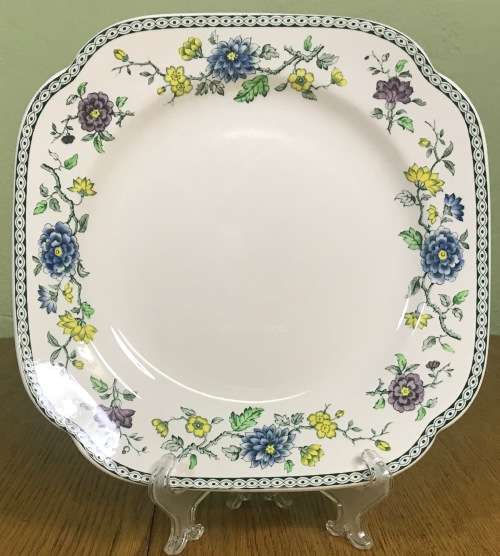 COPELAND SPODE ENGLAND KORO PATTERN SQUARE CAKE PLATE BORDER of FLOWERS FLORAL 1920-57