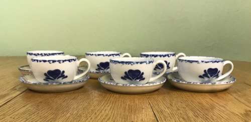 COFFEE DUOS DEMITASSE PORTUGUESE STYLE 6 x SAUCERS + 6 x CUPS VINTAGE EXPRESSO BLUE + WHITE STUNNING