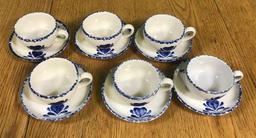 COFFEE DUOS DEMITASSE PORTUGUESE STYLE 6 x SAUCERS + 6 x CUPS VINTAGE EXPRESSO BLUE + WHITE STUNNING