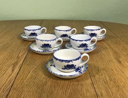 COFFEE DUOS DEMITASSE PORTUGUESE STYLE 6 x SAUCERS + 6 x CUPS VINTAGE EXPRESSO BLUE + WHITE STUNNING