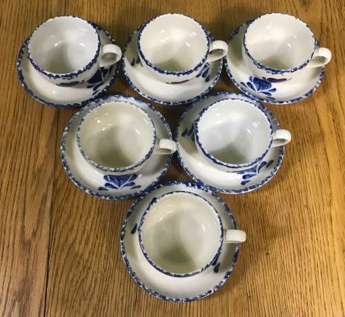 COFFEE DUOS DEMITASSE PORTUGUESE STYLE 6 x SAUCERS + 6 x CUPS VINTAGE EXPRESSO BLUE + WHITE STUNNING