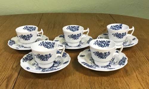 COFFEE DUOS DEMITASSE BOOTH`S PEONY A8021 5 x SAUCERS + 5 x CUPS EXPRESSO BLUE + WHITE STUNNING!!!!