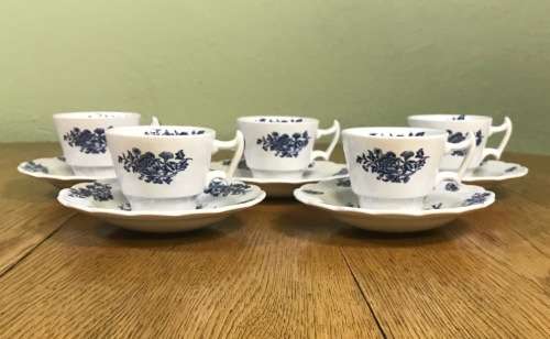 COFFEE DUOS DEMITASSE BOOTH`S PEONY A8021 5 x SAUCERS + 5 x CUPS EXPRESSO BLUE + WHITE STUNNING!!!!