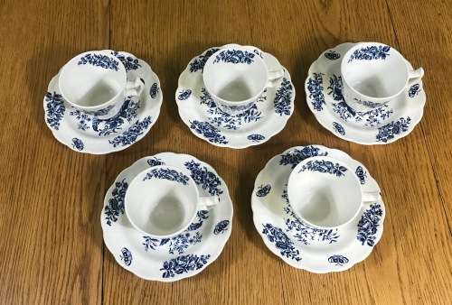 COFFEE DUOS DEMITASSE BOOTH`S PEONY A8021 5 x SAUCERS + 5 x CUPS EXPRESSO BLUE + WHITE STUNNING!!!!