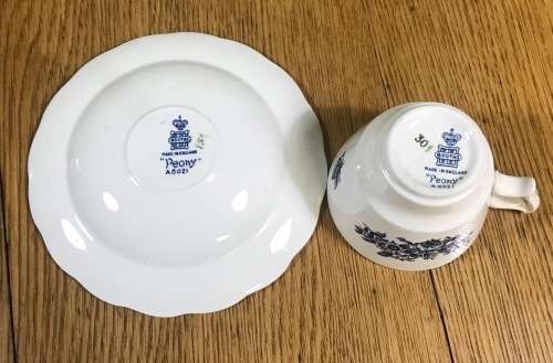 COFFEE DUOS DEMITASSE BOOTH`S PEONY A8021 5 x SAUCERS + 5 x CUPS EXPRESSO BLUE + WHITE STUNNING!!!!