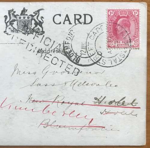 POSTCARD STAL STREET CAPE TOWN 1905 BLOEMFONTEIN KIMBERLEY OFFICIALLY REDIRECTED Cachet SOUTH AFRICA