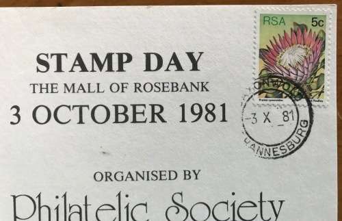 POSTCARD PHILATELIC SOCIETY JOHANNESBURG STAMP DAY 1981 SPONSORS ARCADE STAMP SHOP STANLEY GIBBONS