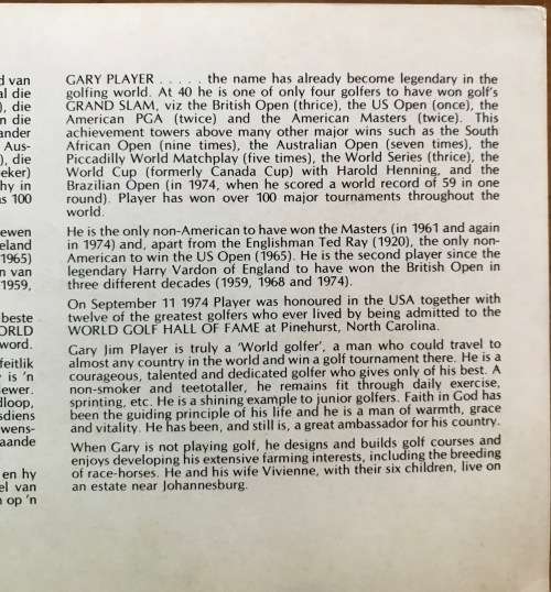 GARY PLAYER INFORMATION CARD GOLF ENGLISH + AFRIKAANS ADMITTED TO WORLD GOLF HALL OF FAME 1974.