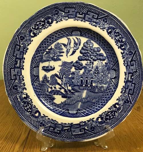 ROYAL VENTON WARE PLATE BURSLEM ENGLAND WILLOW PATTERN BLUE and WHITE STEVENTON + SONS ORIENTAL BIRD