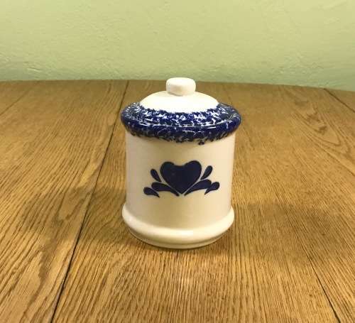 SUGAR / JAM BOWL with LID DARK BLUE and WHITE HEARTS EARTHENWARE POTTERY