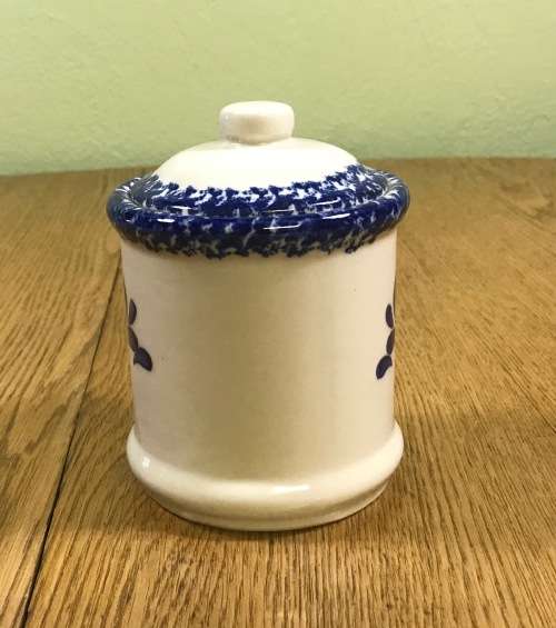 SUGAR / JAM BOWL with LID DARK BLUE and WHITE HEARTS EARTHENWARE POTTERY