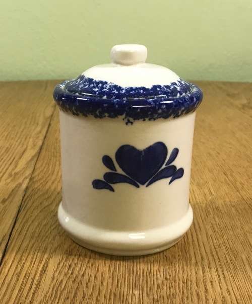 SUGAR / JAM BOWL with LID DARK BLUE and WHITE HEARTS EARTHENWARE POTTERY