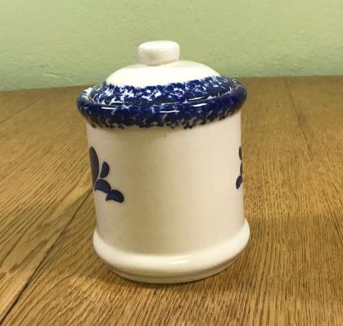 SUGAR / JAM BOWL with LID DARK BLUE and WHITE HEARTS EARTHENWARE POTTERY