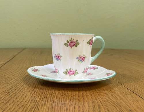COFFEE DUO=DEMITASSE=SHELLEY=ROSEBUD PATTERN=FINE BONE CHINA=ROSES=STUNNING!!!!=EXPRESSO=Cappuccino!