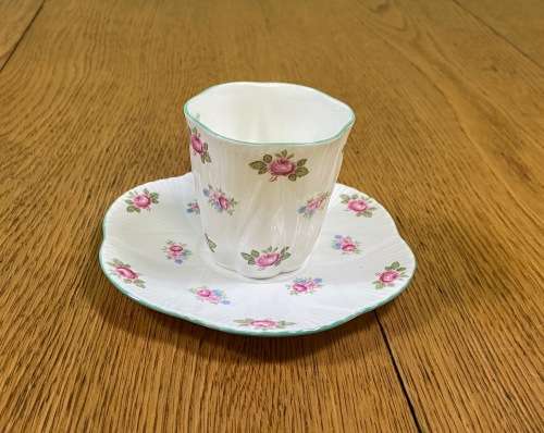 COFFEE DUO=DEMITASSE=SHELLEY=ROSEBUD PATTERN=FINE BONE CHINA=ROSES=STUNNING!!=EXPRESSO=Cappuccino!=c
