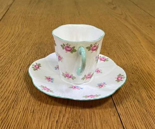 COFFEE DUO=DEMITASSE=SHELLEY=ROSEBUD PATTERN=FINE BONE CHINA=ROSES=STUNNING!!=EXPRESSO=Cappuccino!=c