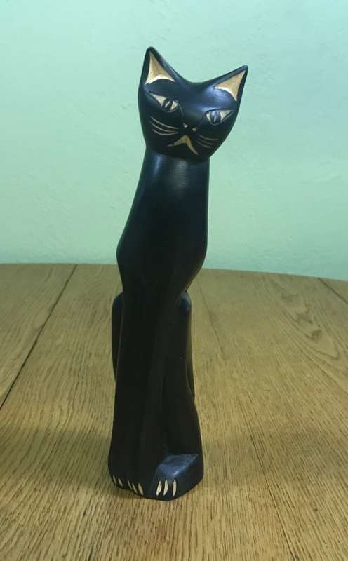 CAT FIGURINE ROOT SHAFUTA AFRICAN ART TALL BLACK in COLOUR.