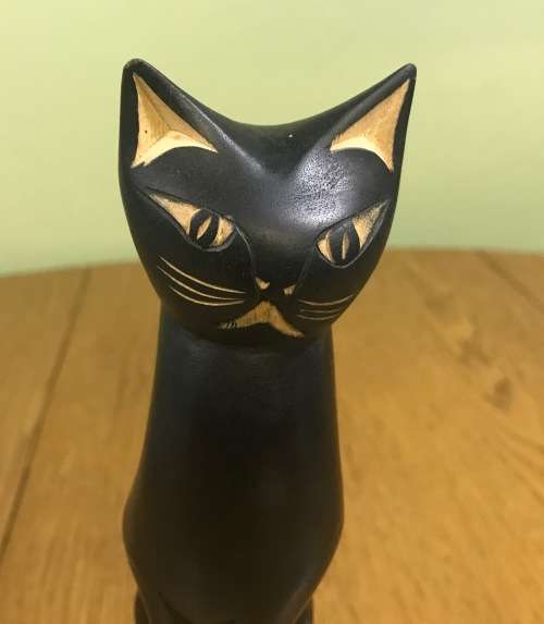 CAT FIGURINE ROOT SHAFUTA AFRICAN ART TALL BLACK in COLOUR.