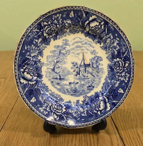 SIDE PLATE=ARABIA=FINLAND=SUOMI=BLUE and WHITE=CASTLE ON THE LAKE SCENE=BOATING=TREES=FISHING!!!
