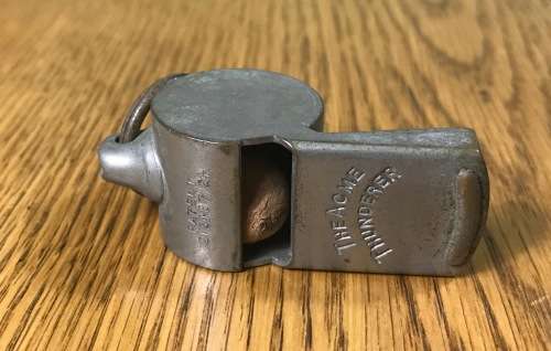 THE ACME THUNDERER WHISTLE=PATENT 213487/24=ESCARGOT SHAPE=MADE in ENGLAND=BIRMINGHAM=JOSEPH HUDSON.