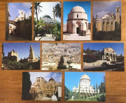POSTCARDS x 9 POST CARDS ISRAEL CHURCHES BAHAI SHRINE HOLY SEPULCHRE GETHSEMANE ANNUNCIATION MOSQUE.