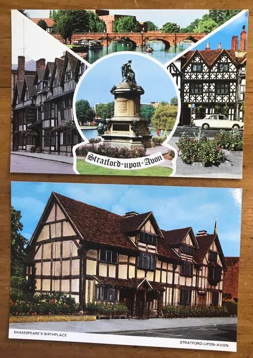 POSTCARDS x 2 STRATFORD-UPON-AVON SHAKESPEARES BIRTHPLACE STATUE HOTEL BRIDGE GARRICK INN ENGLAND.