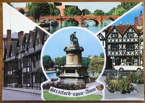 POSTCARDS x 2 STRATFORD-UPON-AVON SHAKESPEARES BIRTHPLACE STATUE HOTEL BRIDGE GARRICK INN ENGLAND.