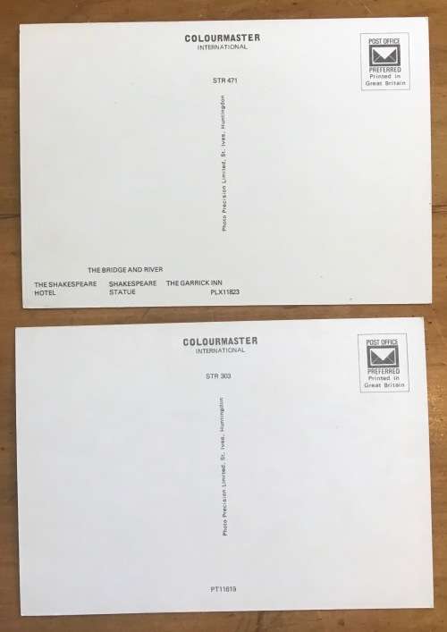 POSTCARDS x 2 STRATFORD-UPON-AVON SHAKESPEARES BIRTHPLACE STATUE HOTEL BRIDGE GARRICK INN ENGLAND.