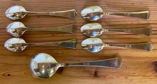 STERLING SILVER GILT & ENAMEL TEASPOONS x 6 SUGAR SPOON x 1 DAVID ANDERSEN NORWAY RADHUS PATTERN.