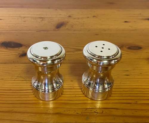 SALT and PEPPER PAIR of SHAKERS / CELLARS EPNS ALPADUR + METALDUI VERY HEAVY both 529.3 GRAMS!!!